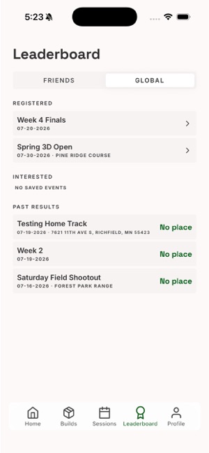 Leaderboards & Events. screen in the True Aim Pro app