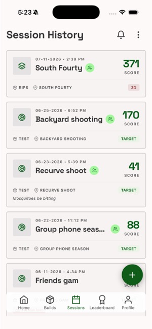 Session Tracking. screen in the True Aim Pro app